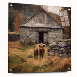 Acrylic glass wall art displaying a serene countryside landscape design, showcasing vibrant colors and intricate details, framed and ready for display with mounting pins.