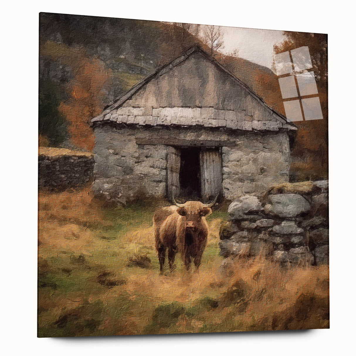 Landscape wall art depicting a serene countryside scene, framed in acrylic glass, showcasing vibrant green fields and a clear blue sky, perfect for home decor.