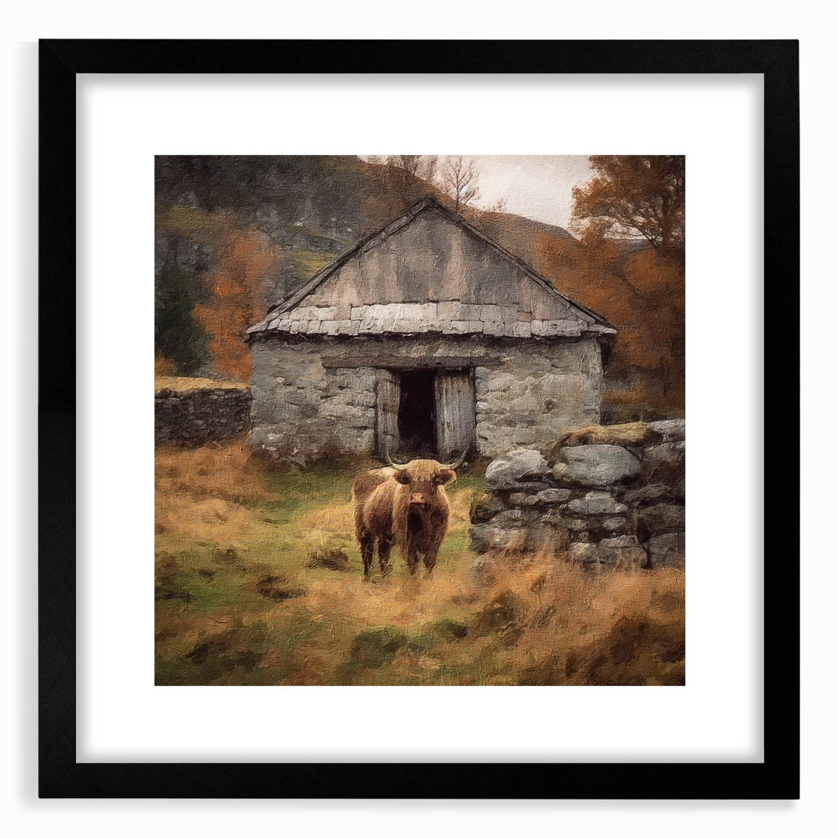 Landscape countryside wall art framed with a black mat, showcasing vibrant green fields and a serene blue sky, perfect for enhancing home decor aesthetics.