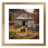 Landscape wall art depicting a serene countryside scene, framed with a gold mat. The artwork features lush green fields under a blue sky, ideal for enhancing home decor.