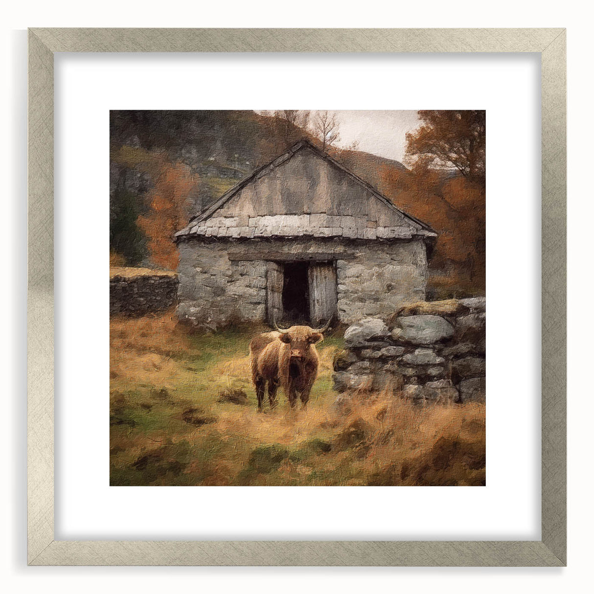 Landscape wall art featuring a serene countryside scene, framed in a silver mat, showcasing vibrant colors and intricate details, perfect for home decor enhancement.