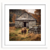 Framed landscape wall art depicting a serene countryside scene with rolling hills and a bright blue sky, featuring a white mat for an elegant presentation.