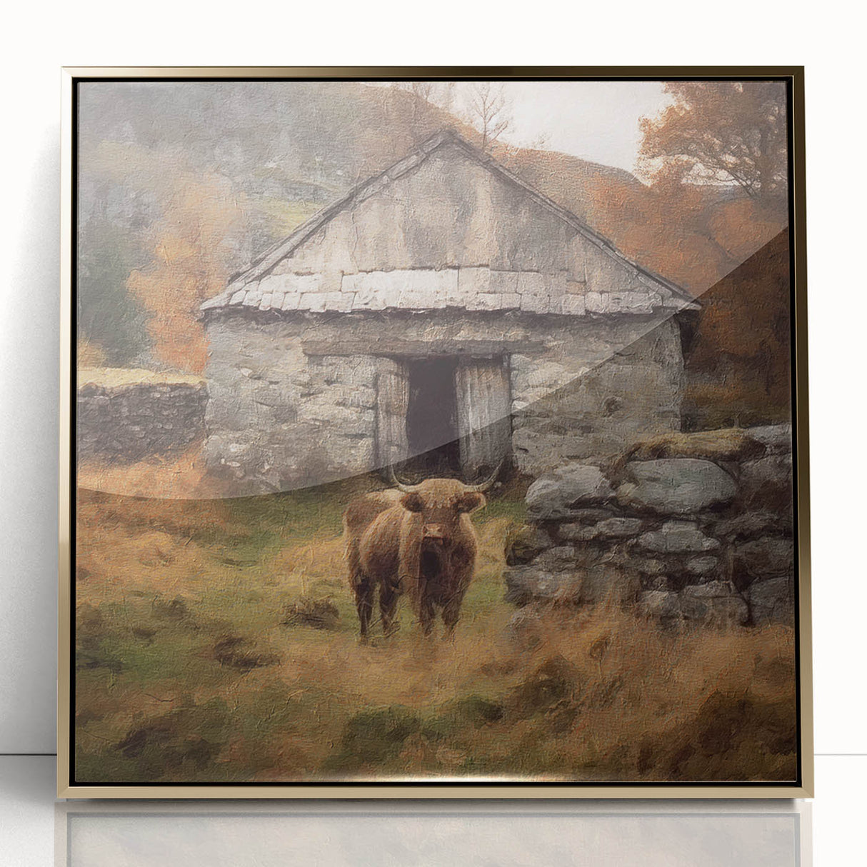 Framed landscape wall art showcasing a serene countryside scene with vibrant green fields and a clear blue sky, accented by a gold acrylic frame for an elegant touch.