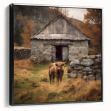 Framed landscape wall art showcasing a serene countryside scene with vibrant greenery and a tranquil sky, presented in a sleek black frame for modern decor.