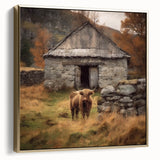 Framed landscape wall art depicting a serene countryside scene, featuring lush green fields and distant trees, with a silver and gold frame enhancing its elegance.