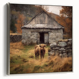 Framed landscape wall art depicting a serene countryside scene with lush green fields and a vibrant sky, featuring a sleek silver frame, perfect for home decor.