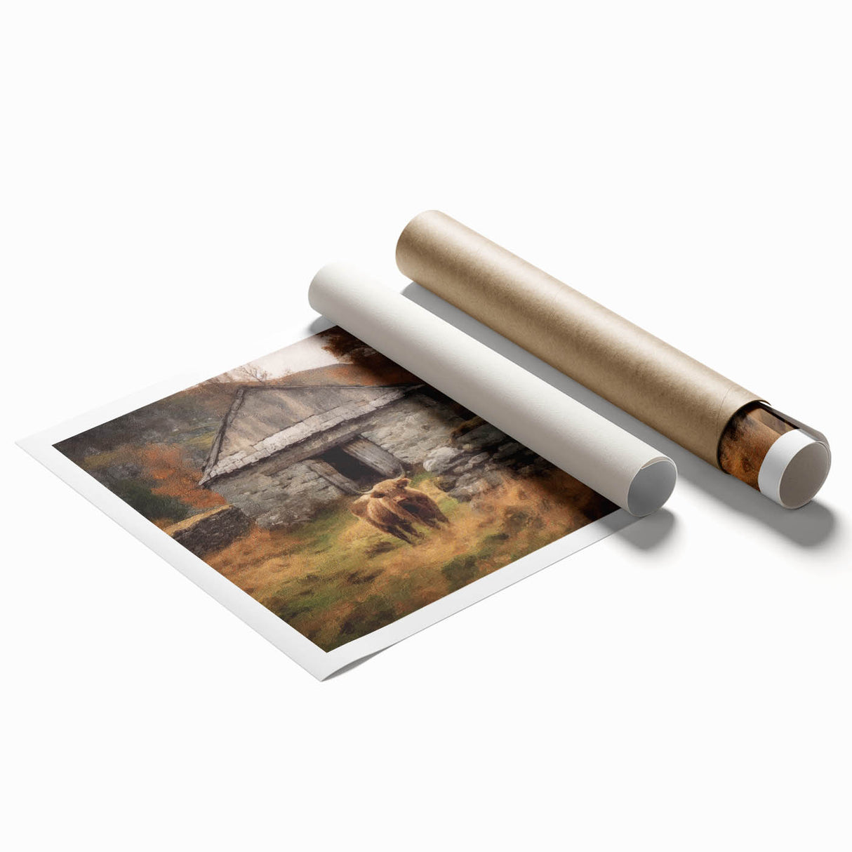 Landscape wall art print showcasing a serene countryside scene with rolling hills and vibrant greenery, rolled and ready for framing or display in home decor.