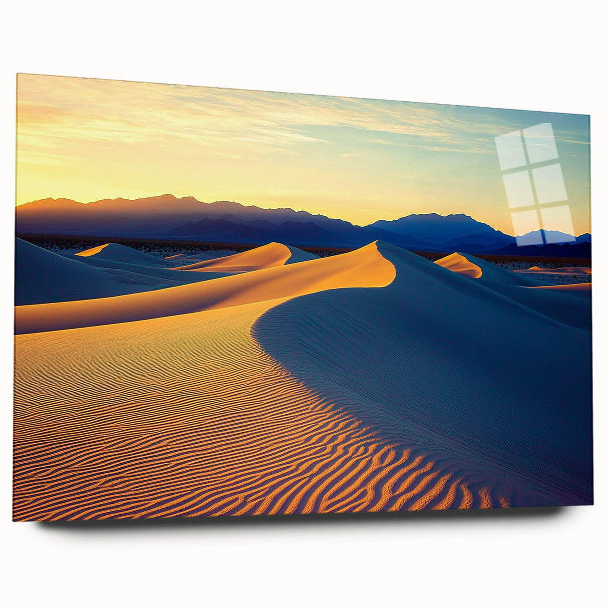 Acrylic landscape artwork showcasing serene sand dunes in soft beige and golden tones, displayed in a side view without pins for a sleek finish. Perfect for modern decor.