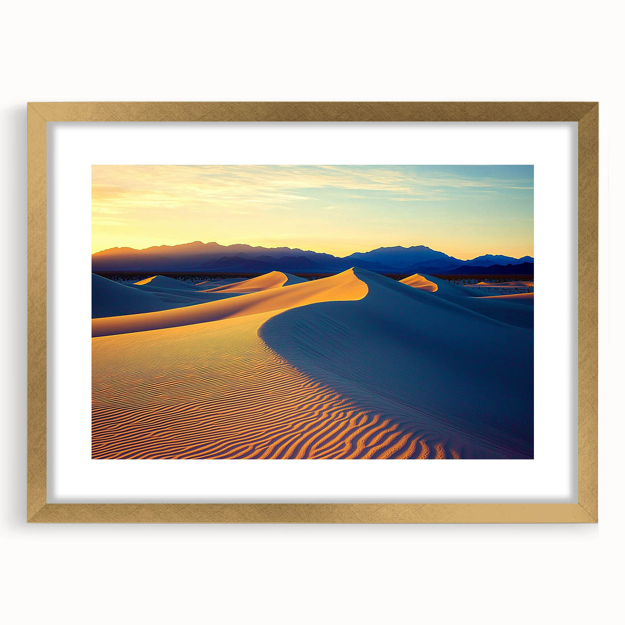 Elegant gold-framed artwork depicting serene sand dunes, complete with a white mat, ideal for enhancing interior decor. Perfect for modern or minimalist settings.