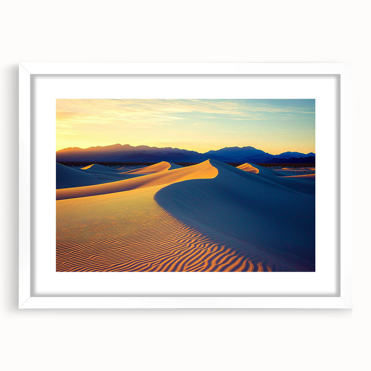 Framed landscape artwork depicting serene sand dunes with a white mat, showcasing soft earth tones and gentle curves, perfect for modern home decor.