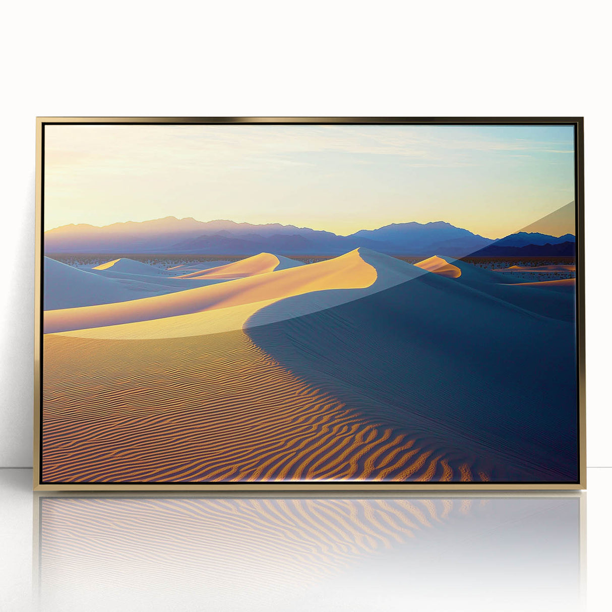 Framed acrylic artwork depicting elegant desert dunes in soft gold tones, perfect for contemporary home decor. Ideal for adding warmth and sophistication to any space.