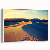 Framed canvas artwork showcasing serene desert dunes in soft beige and gold tones, elegantly displayed from a white side view, ideal for modern home decor.