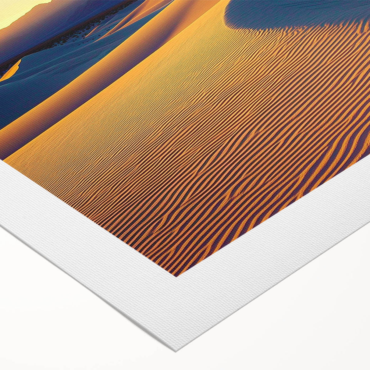 Rolled canvas depicting a serene landscape of golden sand dunes under a clear blue sky, showcasing intricate textures, perfect for home decor or art enthusiasts.