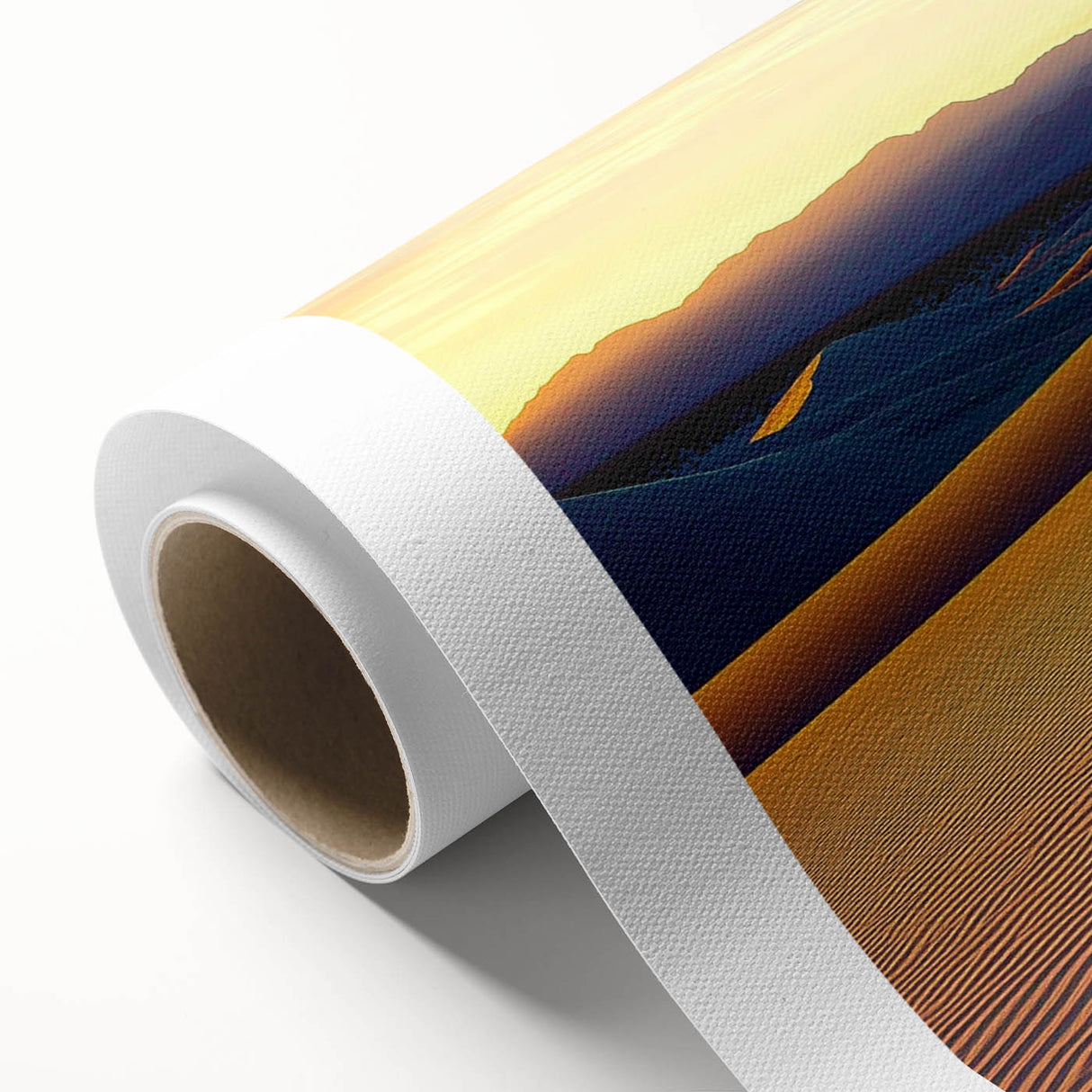 Rolled canvas artwork showcasing a serene desert landscape with gentle sand dunes under a vibrant sunset, delivered in protective cardboard packaging.