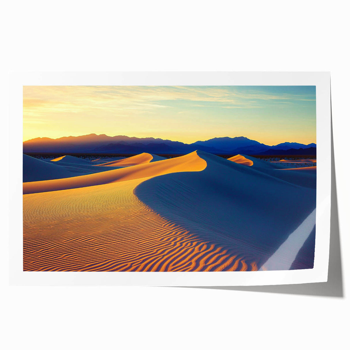 Desert landscape canvas print showcasing vibrant golden sand dunes under a clear blue sky, rolled for easy shipping in a protective cardboard tube, perfect for home decor.