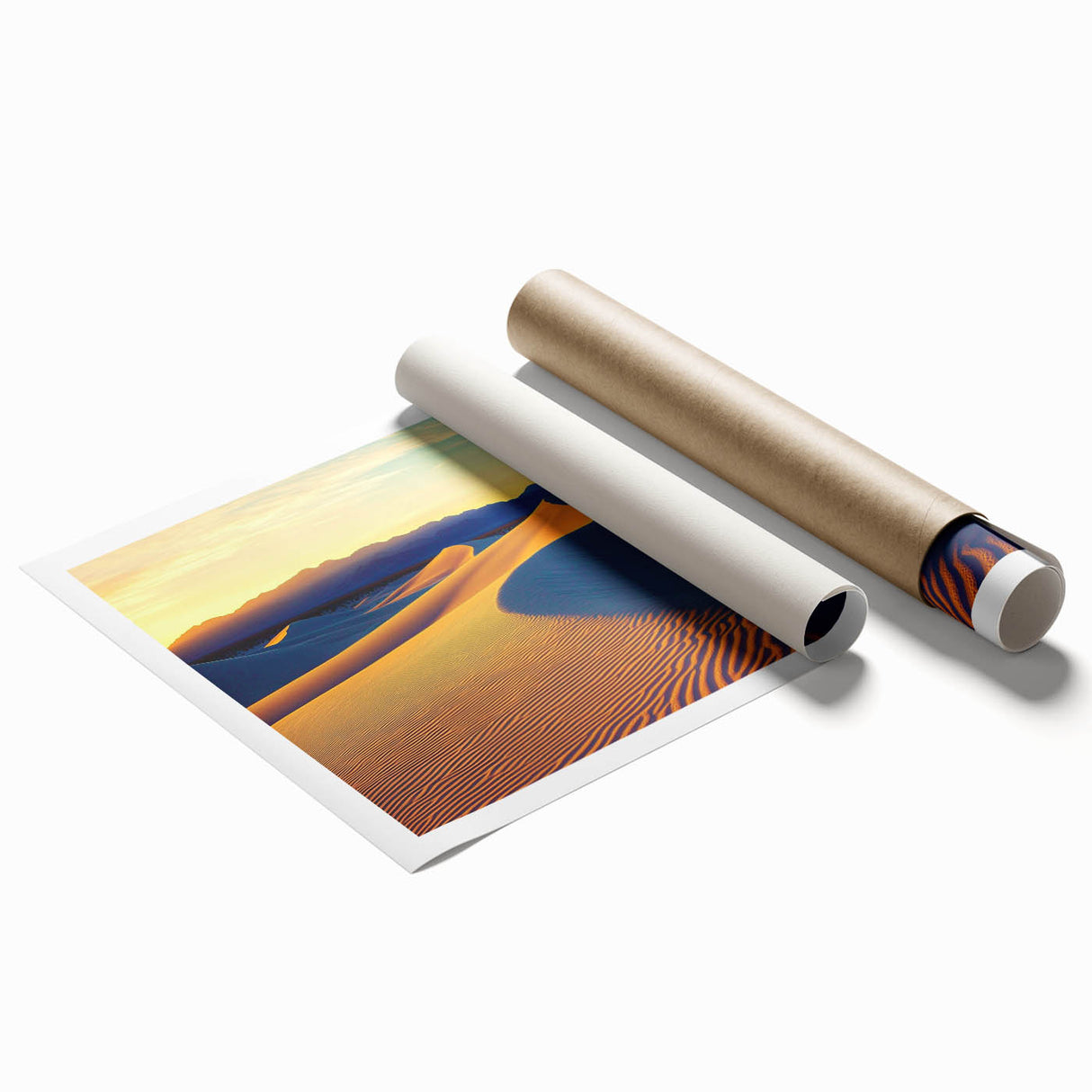Artistic rolled print of serene sand dunes landscape showcasing soft beige and golden hues, elegantly packaged in a protective cardboard tube for easy transport.