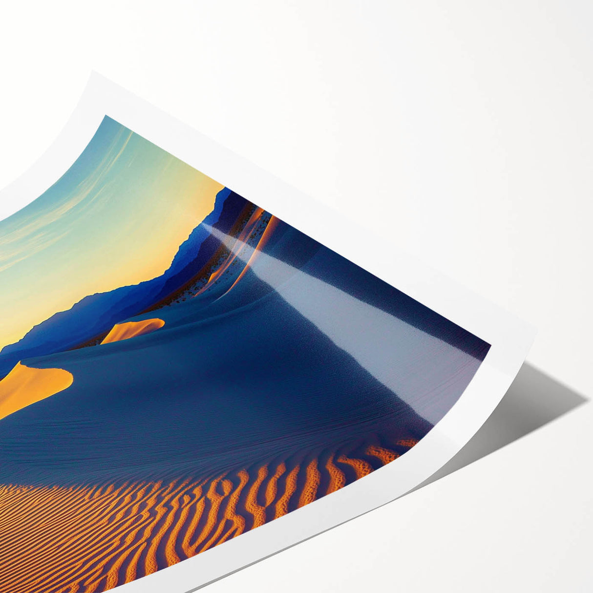 Stunning landscape print showcasing vibrant golden sand dunes under a clear blue sky, rolled up for easy transport and storage in a protective tube.