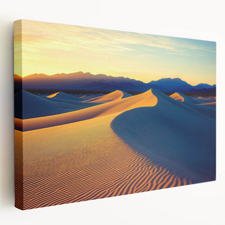 Vibrant stretched canvas artwork depicting serene sand dunes under a clear blue sky, showcasing warm beige and golden tones that evoke tranquility and natural beauty.