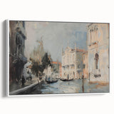 Framed canvas art depicting a tranquil landscape scene, featuring soft hues of green and blue, set against a white background, showcasing a modern home decor style.