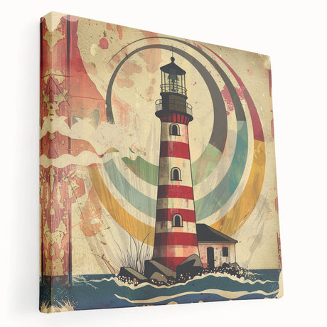 Stretched canvas artwork depicting a serene lighthouse scene against a backdrop of vibrant landscapes, showcasing rich colors and intricate details for coastal decor enthusiasts.