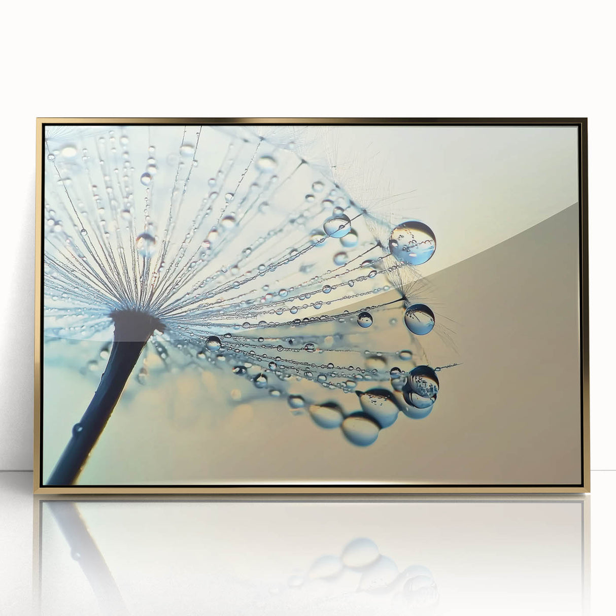 Large acrylic print featuring close-up water imagery in muted blue tones, framed in gold, ideal for modern nursery wall art.