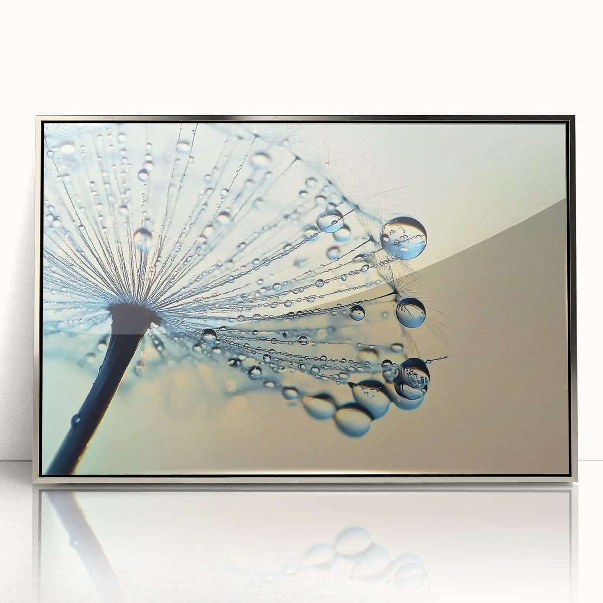 Mid-century modernist art depicting close-up water droplets, in silver framed acrylic, suitable for modern art wall decor.