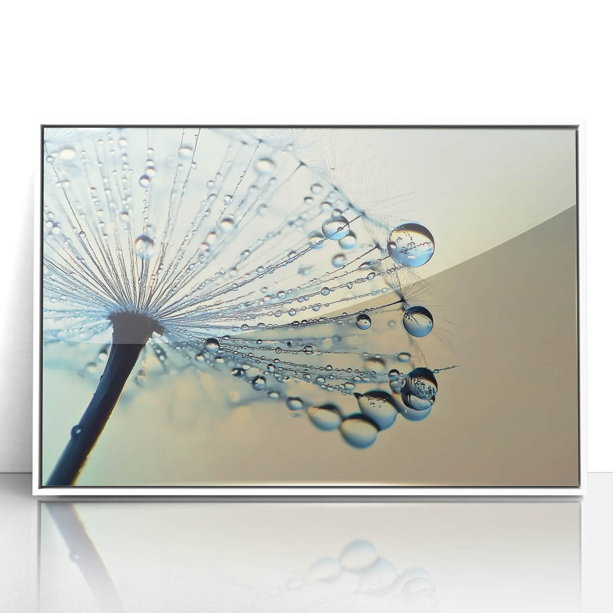 Close-up water droplet image in muted blue tones on a white acrylic frame, suitable as modern art wall decor for a nursery.