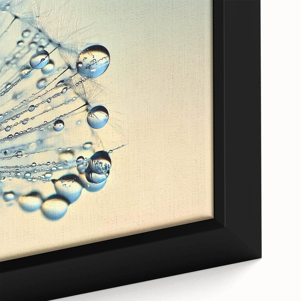 Close-up of water droplets on a leaf, black framed canvas with vibrant green and blue textured details.