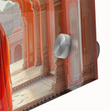 Large abstract wall art of Indian scenery in muted earth tones on acrylic glass, ideal for dining room art.