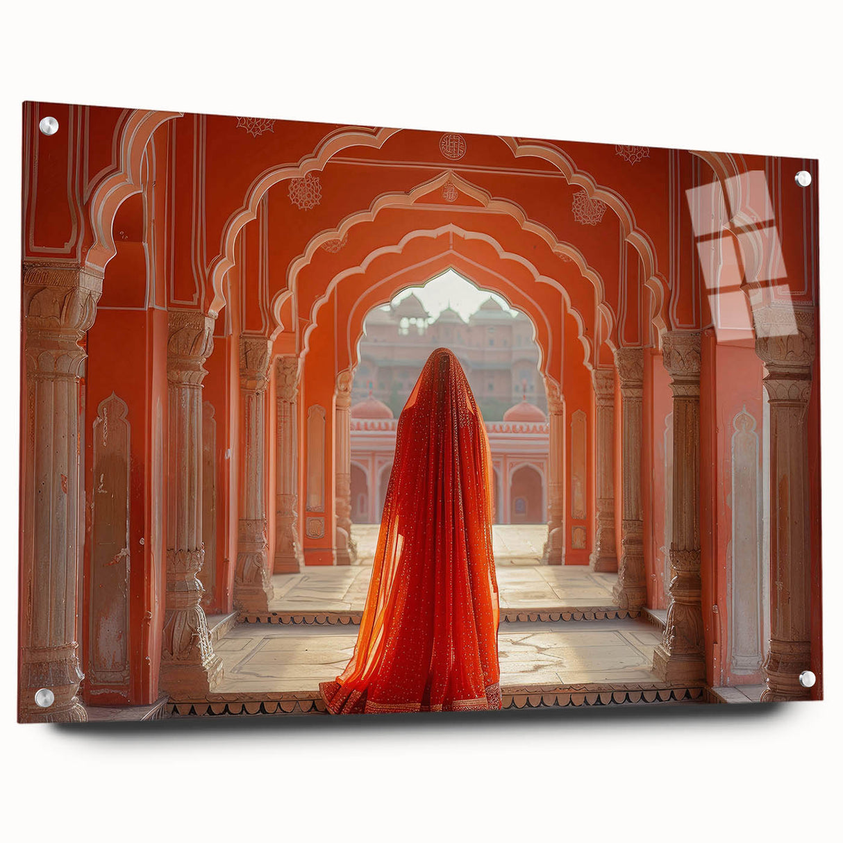 Large abstract wall art depicting an Asian scenery in muted earth tones on acrylic glass, ideal for dining room decor.