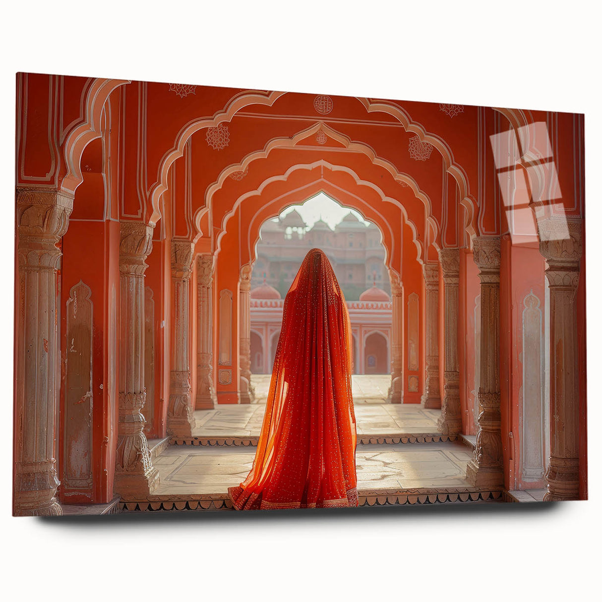 Large abstract wall art depicting an Indian landscape in muted earth tones on acrylic glass.