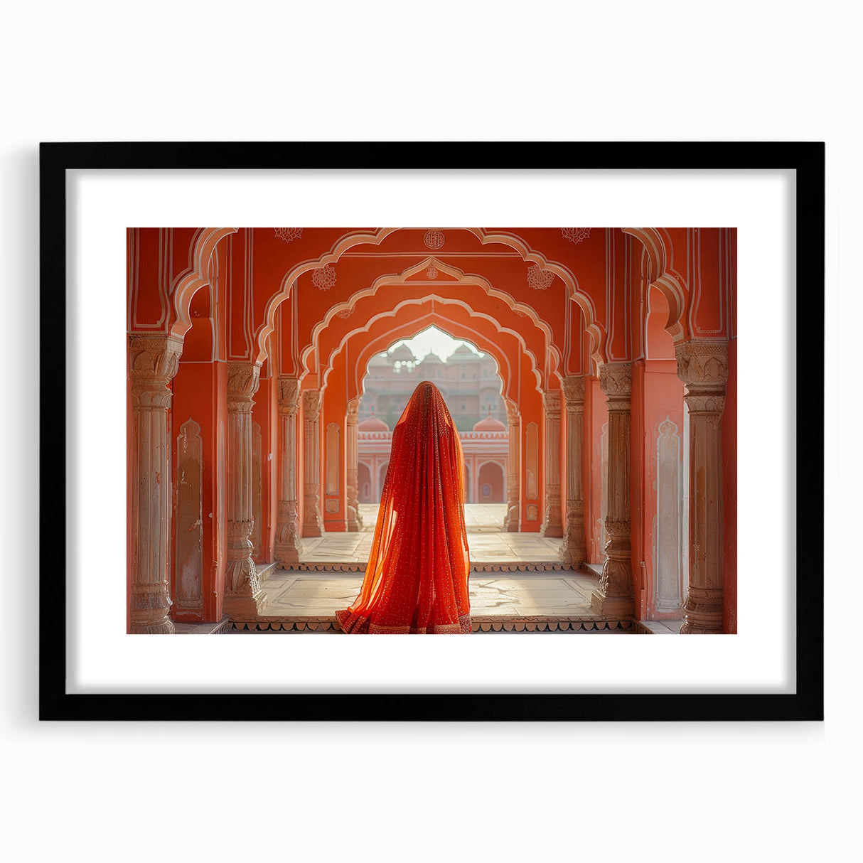 Extra large abstract art print of a colorful, textured Indian landscape in a black frame, ideal for living room decor.