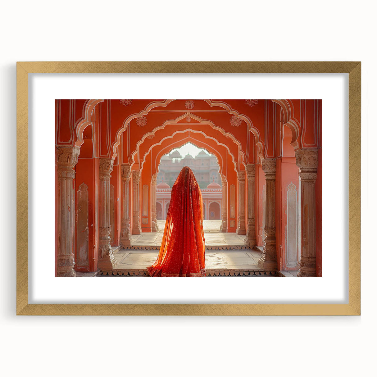 Extra large abstract art print of a textured Indian scenery in muted gold tones, framed with mat.