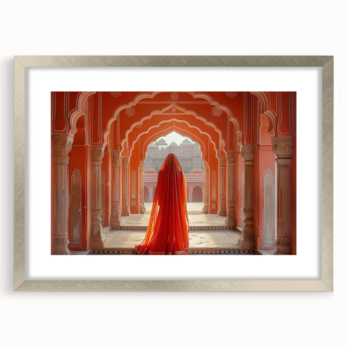 Textured abstract art print depicting a serene Indian landscape in muted earth tones, framed in silver.