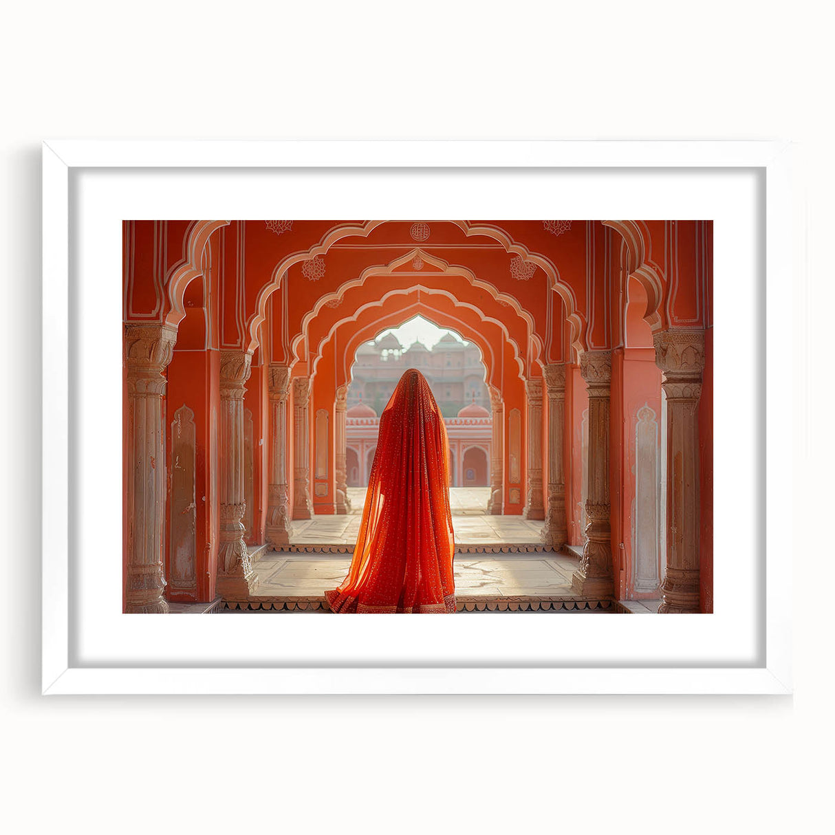Abstract art print featuring a stylized Indian landscape in muted earth tones on a framed white mat.