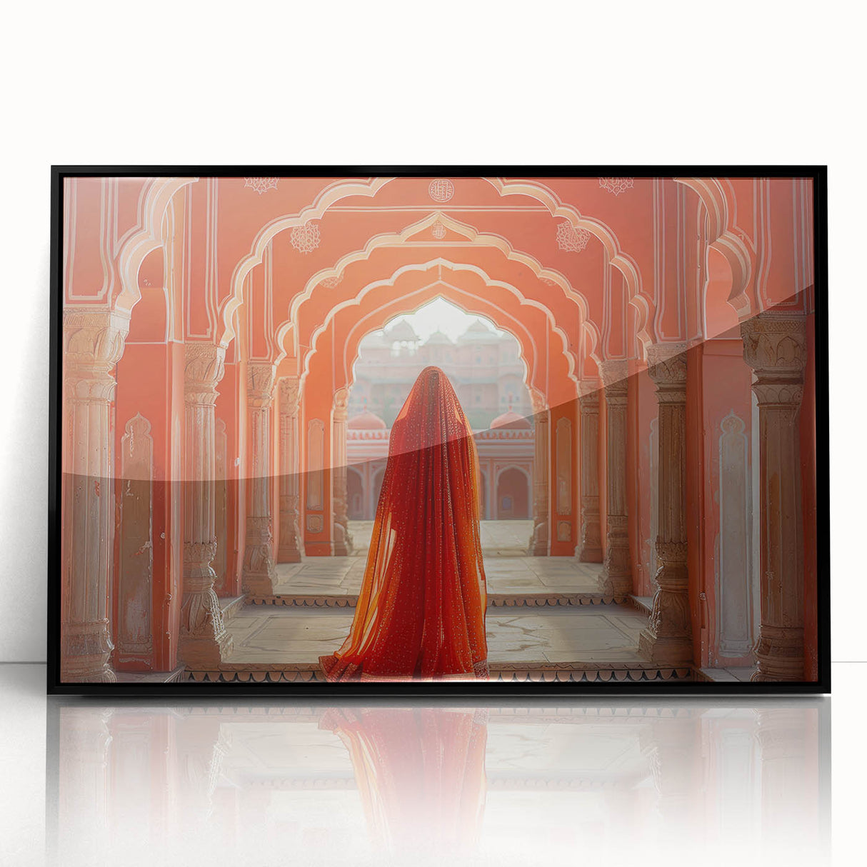 Large abstract wall art depicting a stylized Indian landscape in muted earth tones, framed in black acrylic.