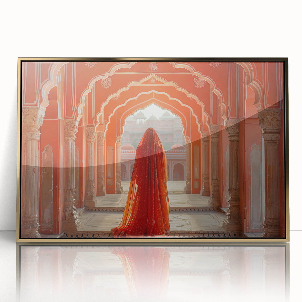 Large art print of a mid-century modernist Indian landscape in gold tones on acrylic, ideal for modern art wall decor.