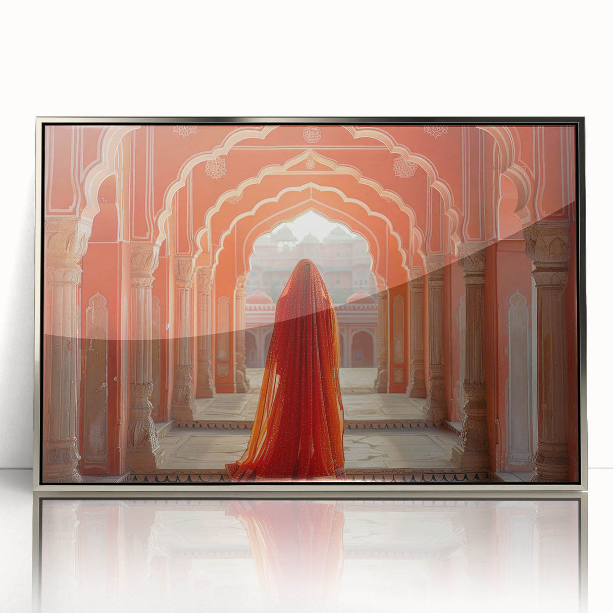 Mid-century modernist art depicting the Taj Mahal in muted earth tones on a silver-framed acrylic print.