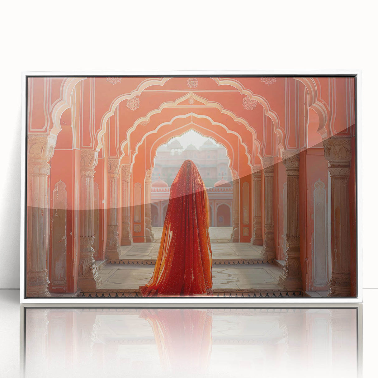 Art deco poster of Indian scenery in muted colors on framed acrylic, suitable for modern art wall decor or nursery.