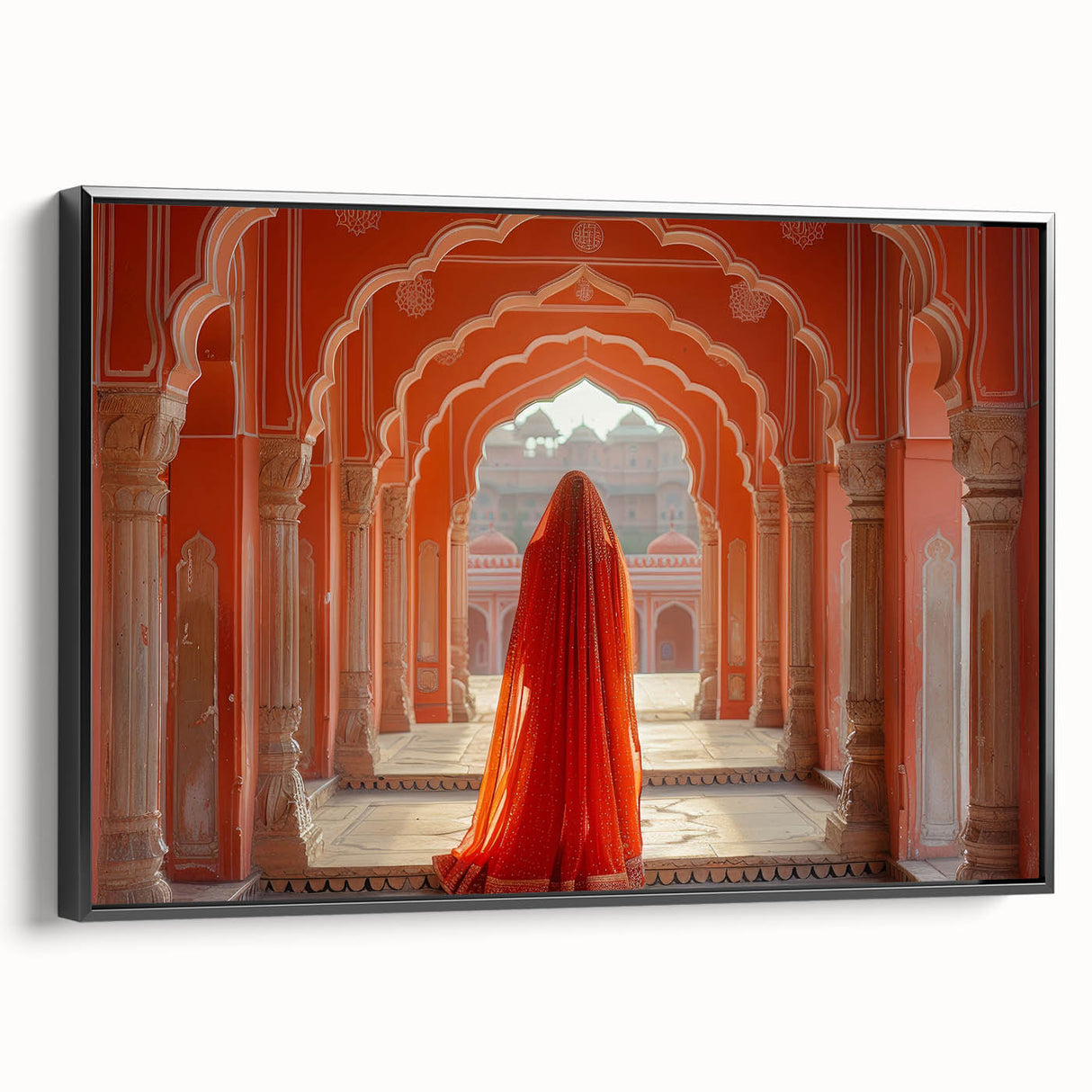 Black and white framed canvas depicting a vintage-style landscape of an Indian scenery, ideal for bedroom wall art.