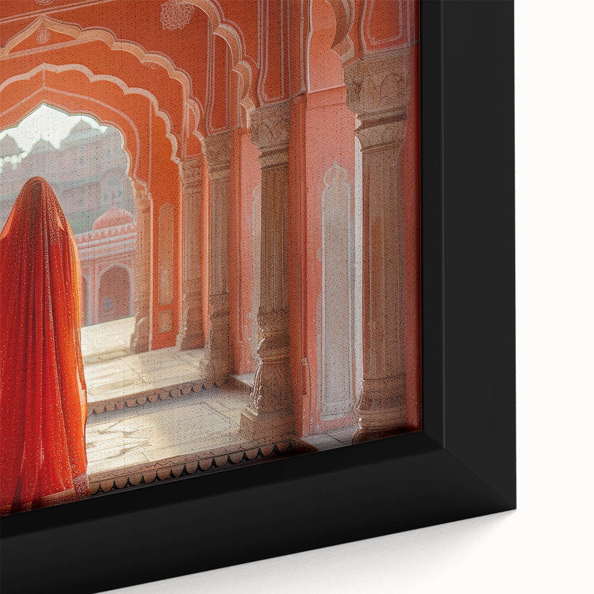 Extra large framed canvas featuring a textured depiction of a vibrant, colorful Indian scenery, ideal for living room decor.