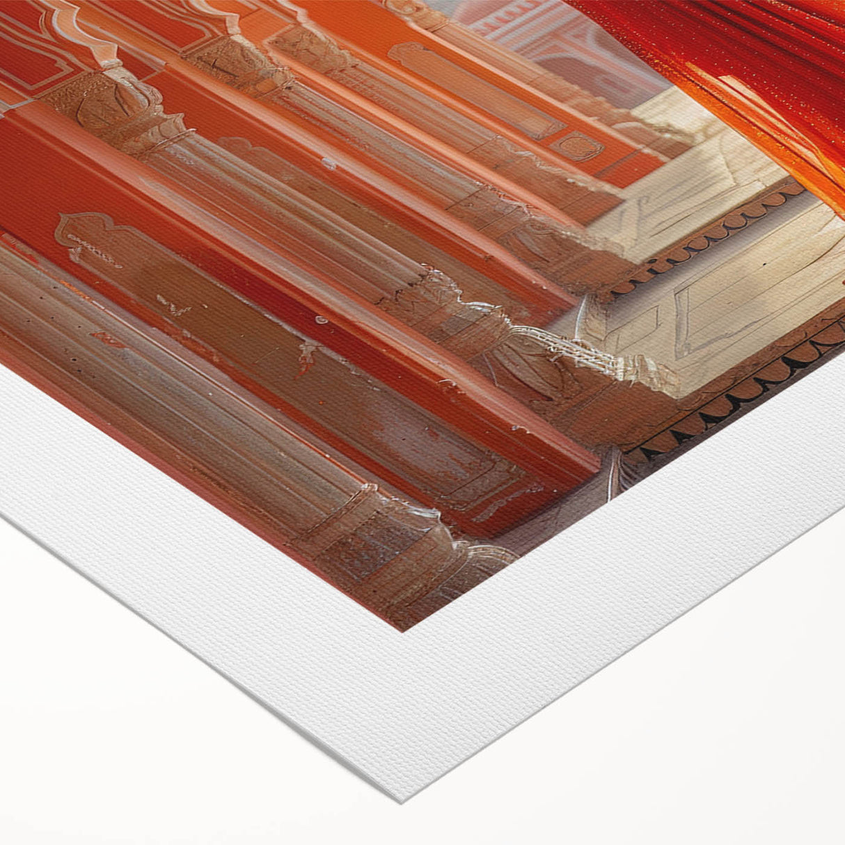 Art deco poster of an Indian landscape in vibrant orange and red tones on rolled canvas, suitable for dining room decor.