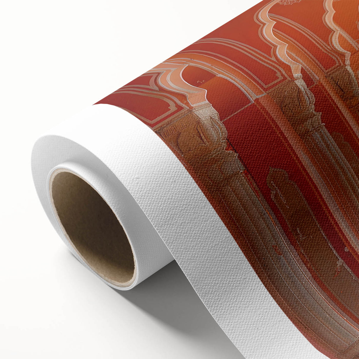 Art Deco-style poster of an Indian landscape in muted earth tones on rolled canvas.