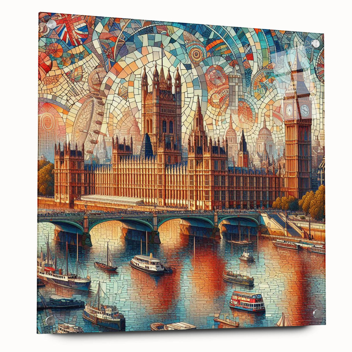 Acrylic print of London skyline with vibrant blue and gray tones, ideal for dining room art.