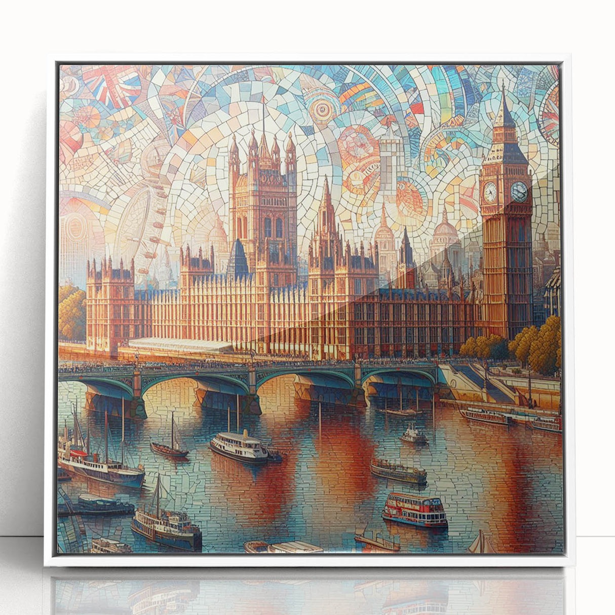 Acrylic print of London skyline in muted gray and blue tones, framed in white, suitable for nursery wall art.
