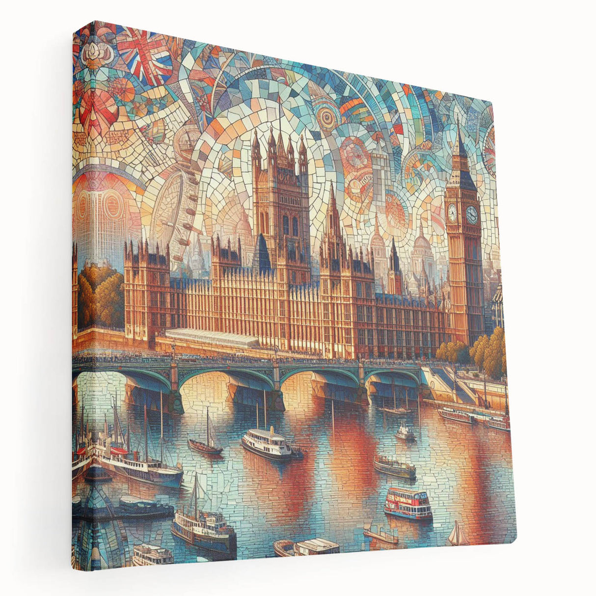 Large canvas print of a London cityscape featuring prominent landmarks in muted gray and blue tones.