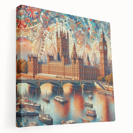 Large canvas print of a London cityscape featuring prominent landmarks in muted gray and blue tones.