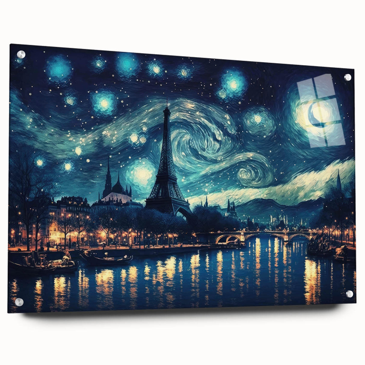 Acrylic glass print of a Paris scenery in muted blue and gray tones, ideal for dining room art.