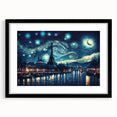 Extra large abstract art print of a colorful Parisian scene on a textured canvas, framed in black.