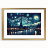 Abstract art print of Paris scenery in muted gold and blue tones, framed with a mat, suitable for dining room decor.